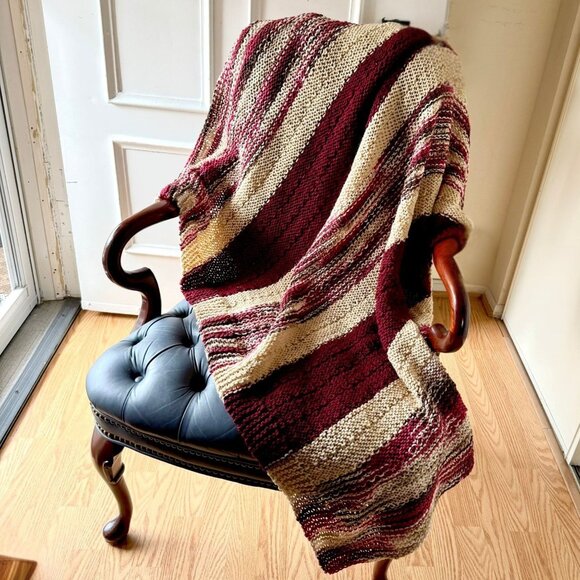 Handmade Knit Afghan Throw Blanket 48 x 45 Burgundy Tan Brown Striped - Picture 2 of 9